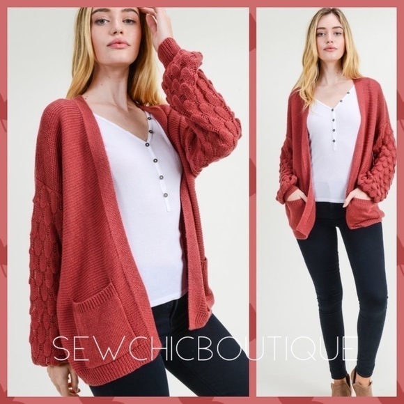 Solid Berry Knit Cardigan w/Scallop Sleeves - Picture 3 of 4